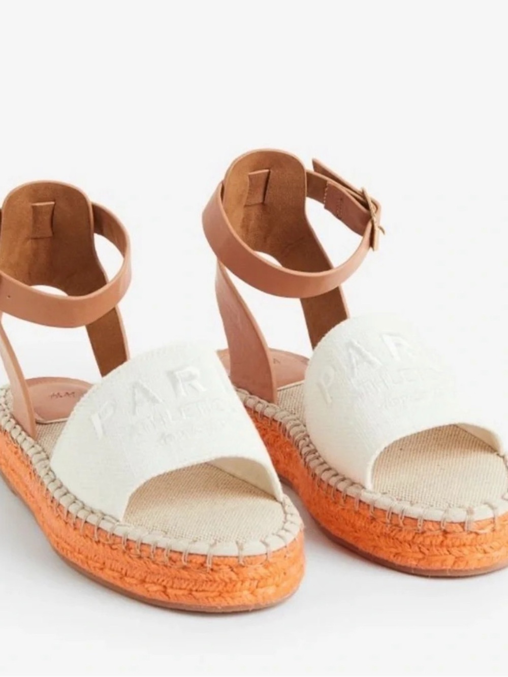 H&M Tan Ankle-Strap Espadrille Sandals-Cream Canvas Upper and Orange Flatform